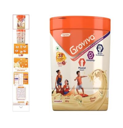 Information about Groviva Child Nutrition for Physical Growth, Brain Development & Immunity | Flavour Vanilla Powder Groviva Powder is a child nutritional drink containing 38 nutrients, including growth and digestive nutrients, that support physical growth, brain development, and immunity in children above two years. The powder is scientifically formulated to fulfil the nutritional gaps that occur due to fussy eating habits in children. Dual probiotics and dual fibre in the formula support digestion Key Ingredients: Oils (Palm oil and Soyabean oil), Sucrose, Milk Solids (19.2%), Maltodextrin, Soy Protein Isolate (Supro - 7.45%), Natural-Identical Flavouring Substances (Chocolate), Cocoa solids, Fibers, Soy fibre 0.898% and polydextrose 1.6%, Acidity regulators INS 331, Minerals, Emulsifier INS 322, DHA Powder 0.47%, Vitamins, Probiotics - Lactobacillus acidophilus NCFM 0.022%, Bifidobacterium lactis HN019 0.073%, Choline chloride, Antioxidant Premix (INS 304), Rapeseed oil, Sunflower oil, L-Carnitine, Inositol and Taurine, L-Lysine, L-Valine, L-Leucine, L-Isoleucine, L-Arginine, L-Cysteine, L-Glutamine, L-Gulanic Acid, Alpha-Linolenic Acid (ALA), Linoleic Acid,Iron, Vitamin A, Vitamin D, Vitamin E, Vitamin K, Vitamin C, Vitamin B1, (Thiamin ), Vitamin B2 (Riboflavin), Vitamin B4(Naicin), Pantothenic Acid, Choline, Calcium, Phosphorus, Magnesium, Copper, Selenium, Chromium, Manganese, Molybdenum, Sodium, Potassium, DHA Key Benefits: It is high in protein, calcium, dietary fibre, DHA and probiotics that help maintain daily nutritional requirements in kids and maintain overall health It has a triple blend of casein, whey, and soy protein isolate along with vitamin D, and calcium helps in the bone growth of children It contains vitamins A and C, zinc, and other micronutrients that aid in boosting immunity to reduce infections in children The dual strain of probiotics accompanied with dual fibre allows the formulation to be easy on the child’s gut It contains soy protein isolate and milk protein with amino acids, which are building blocks of protein for growth in children It has dietary fibre that supports the bowl movement The probiotics in this powder support the immune function by managing harmful bacterial growth in the gut The calcium helps maintain normal growth and bone development Diet Type: Vegetarian Per Serving Contains: 472 kcal/100 gm Allergen Information: Contains milk and soy Not suitable for children with galactosemia and lactose intolerance Product Form: Powder Directions for Use: Add two levelled scoops (30 gm) of the powder to 100 ml water/milk Stir well and consume immediately 2 scoops twice daily (2-12 years) Safety Information: Read the label carefully before use Store in a cool and dry place, away from sunlight Keep out of reach of children Don’t exceed the recommended dosage Once the foil pouch is opened, contents should be used within three weeks of opening or the use-by date, whichever is earlier Do not empty the powder from the foil pouch into the jar Keep the pouch inside the jar After use, close the jar and store it in a cool, dry place (not in the refrigerator)