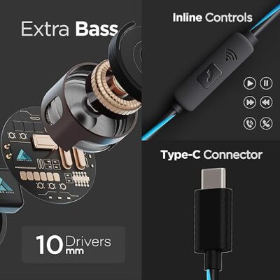 Boult Audio X1 Pro Wired Earphones with Type-C Port, 10mm Bass Drivers, Inline Controls, IPX5 Water Resistant, Comfort Fit earphones wired headphones with mic, Type C earphones, Voice Assistant (Blue)