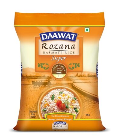 Daawat Rozana Super Basmati Rice 5Kg| For Everyday Consumption| Cooked Grain Upto 13mm*| Naturally Aged