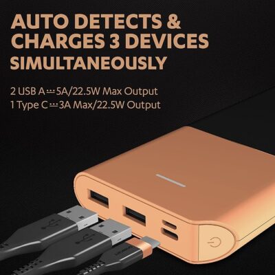 Duracell 20000 MAH Slimmest Power Bank with 1 Type C PD and 2 USB A Port, 22.5W Fast Charging Portable Charger to Charges 3 Devices Simultaneously for iPhones, Android Phones, Smart Watches & More