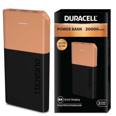Duracell 20000 MAH Slimmest Power Bank with 1 Type C PD and 2 USB A Port, 22.5W Fast Charging Portable Charger to Charges 3 Devices Simultaneously for iPhones, Android Phones, Smart Watches & More