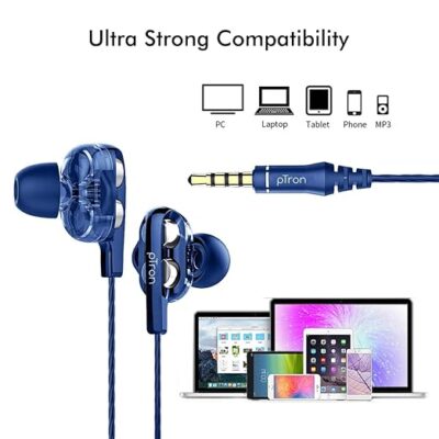 PTron Boom Ultima 4D Dual Driver, in-Ear Gaming Wired Headphones with in-line Mic, Volume Control & Passive Noise Cancelling Boom 3 Earphones - (Dark Blue)