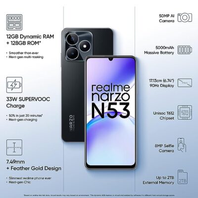 realme narzo N53 (Feather Black, 8GB+128GB) 33W Segment Fastest Charging | Slimmest Phone in Segment | 90 Hz Smooth Display