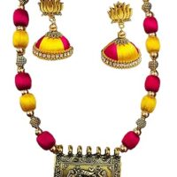 Ambal Antique Worked Yellow Base silk thread jewellery set for Women's and Girls
