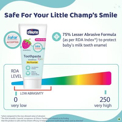 Chicco Toothpaste, Strawberry Flavour for 1Y to 6Y Baby, Fluoride-Free, Preservative-Free,Cavity Protection (50g)