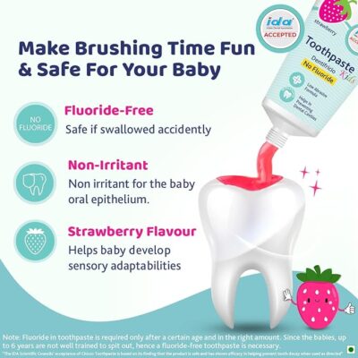 Chicco Toothpaste, Strawberry Flavour for 1Y to 6Y Baby, Fluoride-Free, Preservative-Free,Cavity Protection (50g)