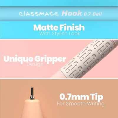 Classmate Hook Ball Pen- Blue (Pack of 10)|Multicolour Body Pens|Attractive Pastel Shades for Boys & Girls|Smooth Writing Ball Pen|Unique Design