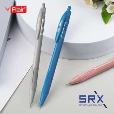 FLAIR Srx 0.7mm Retractable Ball Pen Box Pack | Triangular Body Design For Better Grip | Light Weight Refillable | Smooth Writing Experience | Vibrant Solid Body Colours | Blue Ink, Pack of 10 Pcs