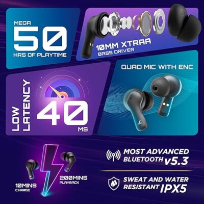 Fastrack Fpods(New Launch) FZ100 TWS in-Ear Earbuds with Mega 50 Hrs Playtime|Extra Deep Bass Driver|Quad Mic ENC for Clear Calls|Ultra Low 40ms Latency Gaming Mode|NitroFast Charge-200 Min in 10 Min