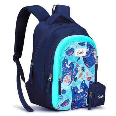 Genie Kitty Kids Backpacks, 15 inches, Cute, Colourful bags for girls, Water Resistant and Lightweight. 3 compartment with Happy Pouch