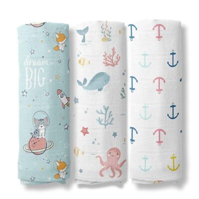 Haus and Kinder New Born Baby Essentials Gift Box- Pack of 6 | Muslin Swaddle for Baby | Reversible Blankets | Fitted Crib Sheet | Baby Sleeping Bag for 0-12 Months | Baby Shower Gifts (Spacewalk)