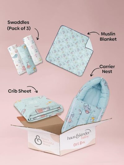 Haus and Kinder New Born Baby Essentials Gift Box- Pack of 6 | Muslin Swaddle for Baby | Reversible Blankets | Fitted Crib Sheet | Baby Sleeping Bag for 0-12 Months | Baby Shower Gifts (Spacewalk)