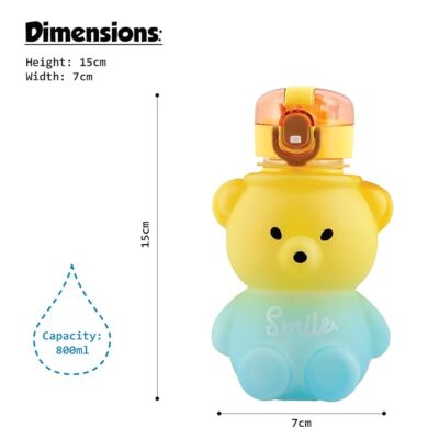Koochie-Koo Plastic Teddy Bear Water Bottle for Kids, Push Button Water Bottle with Straw, Sipper Bottle for Kids with Adjustable Strap and Stickers, 800ml, Yellow, 3+Years (Pack of 1)