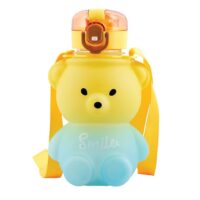 Koochie-Koo Plastic Teddy Bear Water Bottle for Kids, Push Button Water Bottle with Straw, Sipper Bottle for Kids with Adjustable Strap and Stickers, 800ml, Yellow, 3+Years (Pack of 1)