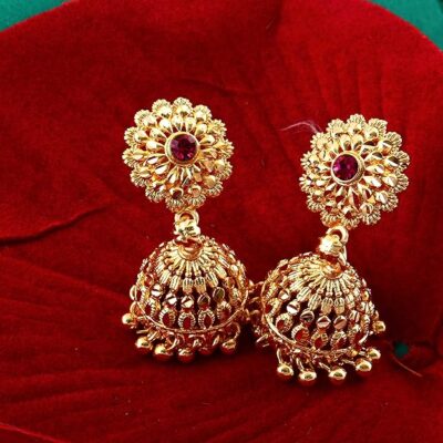 MEENAZ Traditional Temple Jewellery 18k One Gram Gold Ethnic Brass Stylish South Indian Screw Back Studs Round Ruby Jhumkas Set Jhumka Earrings For Women girls Ladies Latest -GOLD JHUMKI