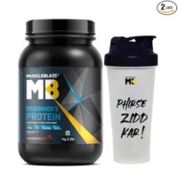 MuscleBlaze Beginner's Protein (Jar Pack), Whey Supplement (Chocolate, 1 kg / 2.2 lb) No Added Sugar, Faster Muscle Recovery & Improved Strength with 650 ml Shaker (Combo Pack)