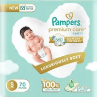 Pampers Premium Care Pants Style Baby Diapers, Small (S) Size, 70 Count, All-in-1 Diapers with 360 Cottony Softness, 4-8kg Diapers