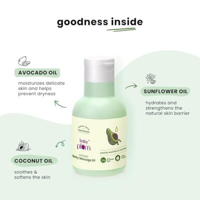 Plum Baby Plum Avocado Body Massage Oil | Clinically Tested by Pediatricians | Enriched with Sunflower & Coconut Oil | Deeply Moisturizing Formula | 100 ml | 0-4 years