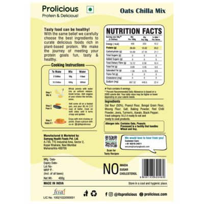 Prolicious 2X Protein Oats Chilla Mix | Plant based | Nutritious | No Maida | No Palm Oil | No Trans-Fat | Ready to Cook | High Protein Premix - 400g Pack