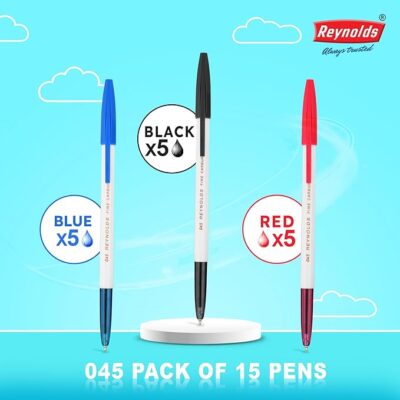 Reynolds 045 PACK OF 15 PENS (POUCH) - 5 BLUE. 5 BLACK, 5 RED | Ball Point Pen Set With Comfortable Grip | Pens For Writing | School and Office Stationery | Pens For Students | 0.7mm Tip Size