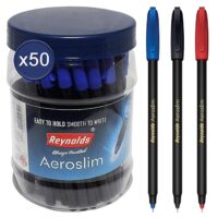 Reynolds Aeroslim 50 Ct Pack - Asst | Ball Point Pen Set With Comfortable Grip | Pens For Writing | School And Office Stationery | Pens For Students | 0.7Mm Tip Size, Blue, Multi