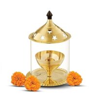 Shubhkart Nitya Akhand Jyot Aaradhya Brass Pooja Diya for Puja & Religious Rituals with Borosilicate Glass Cover for Home,Office & Temple | Traditional Gifting (6.8 Inch Height) - 251Gms