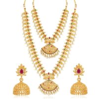 Sukkhi Classic Pearl Gold Plated Long Haram Necklace Set for Women Pink & Green, Free Size