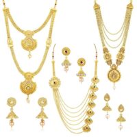 Sukkhi Ethnic Gold Plated Kundan Multi-String Set of 3 Necklace with Jhumki Earrings Combo for Women & Girls