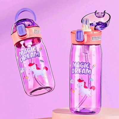 WISHKEY Cute Design Transparent Water Bottle With Straw,Portable Holder, Cartoon Printed One Touch Open Handy Sipper bottle For Kids Boys & Girls 630 ml (Pack of 1, Multicolor)