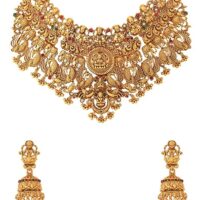 Yellow Chimes Jewellery Set for Women Gold Plated Traditional Temple Jewelry Set Antique Necklace Set with Earrings and Maangtikka for Women and Girls