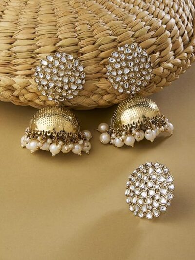 ZAVERI PEARLS Antique Gold Tone Traditional Kundan Jhumki Earring & Ring Set For Women
