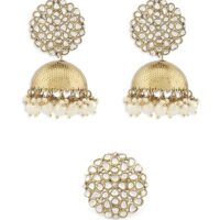 ZAVERI PEARLS Antique Gold Tone Traditional Kundan Jhumki Earring & Ring Set For Women