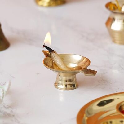 eCraftIndia Golden Decorative Brass Diya with Stand and Holder